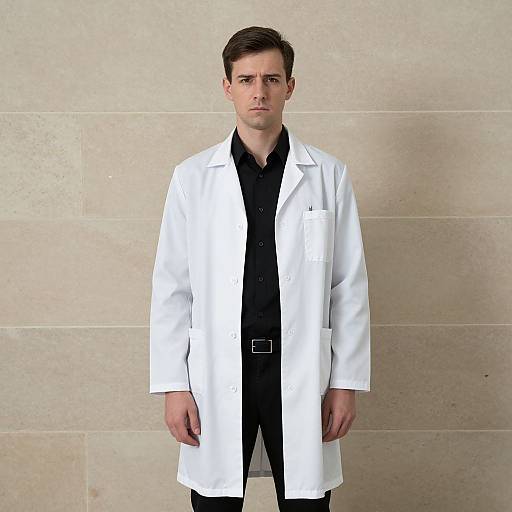 Photograph of a serious, young Caucasian man with short brown hair, wearing a white lab coat over a black shirt and pants, standing against a beige