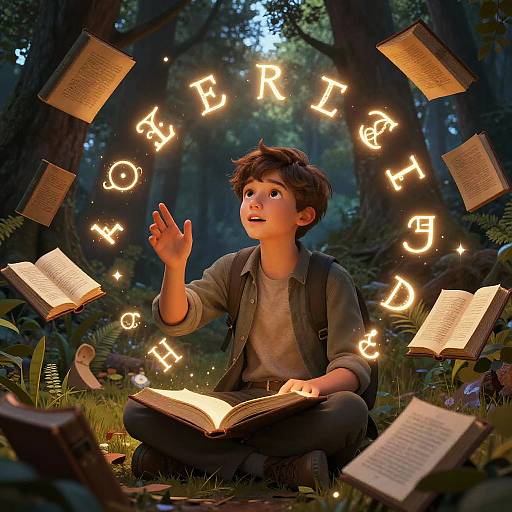 Photograph-style digital illustration of a young boy with tousled brown hair, sitting cross-legged in a forest, surrounded by floating, glowing alphabet letters and