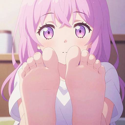 Anime-style digital drawing of a cute girl with purple hair and large purple eyes, holding her bare feet close to the camera.