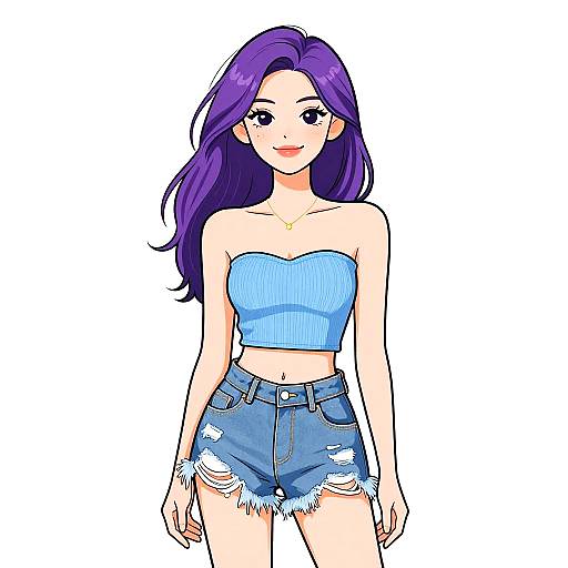 Digital anime-style drawing of a smiling young woman with long purple hair, wearing a light blue strapless top and frayed denim shorts.
