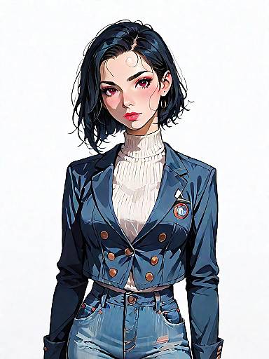 Stylish Woman in Double-Breasted Blazer and Denim Jeans