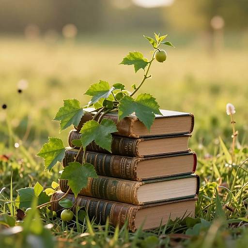 Photograph of a stack of old, leather-bound books with green leaves and a small berry on top, set in a sunlit grassy field.