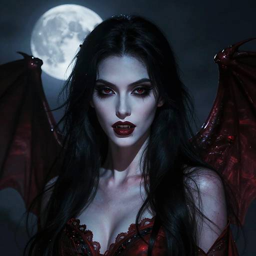 Digital art of a pale, dark-haired vampire woman with red lips, bat wings, and red lace dress, glowing under a full moon.