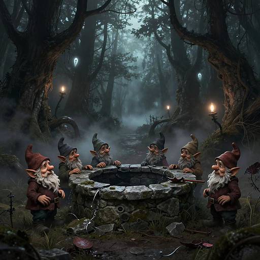 Dark Fantasy Gnomes by Crumbling Well in Haunted Forest