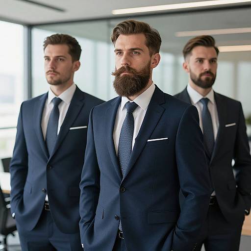 Photograph of three bearded men in dark blue suits, white shirts, and navy ties standing in modern office with large windows.