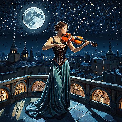 Female Violinist Performing on Moonlit Rooftop