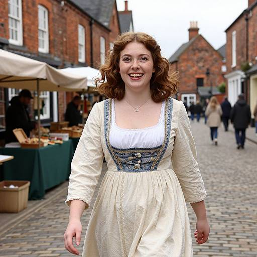Photograph of smiling woman with curly brown hair, wearing white dress with blue embroidered bodice, walking on cobblestone street of historic market with brick
