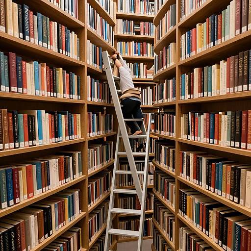 Photograph of a person in a white shirt and black pants climbing a ladder between tall, colorful bookshelves in a library.