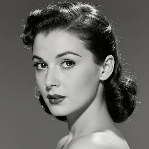 Black-and-white photograph of a 1940s-style woman with sleek, dark hair, bold eyebrows, and dark lipstick, gazing slightly to the