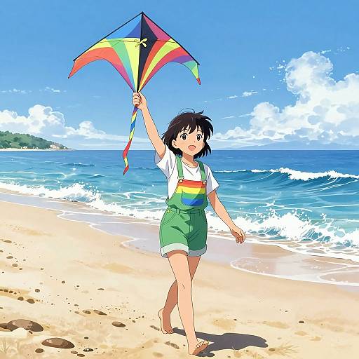 Anime-style drawing of a young girl with black hair, wearing green overalls and a rainbow shirt, flying a colorful kite on a sunny beach with blue