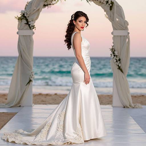Photograph of a curvy, fair-skinned bride with long black hair, red lipstick, wearing a white lace-embellished satin wedding gown