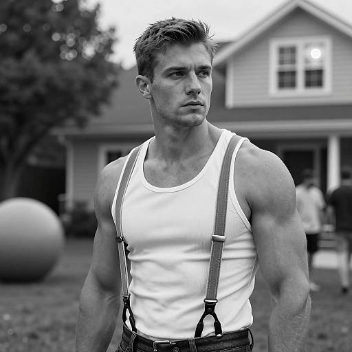 Muscular Man in Black-and-White Scene