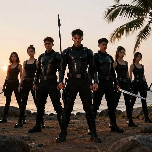 Armored Warriors Beside a Setting Sun