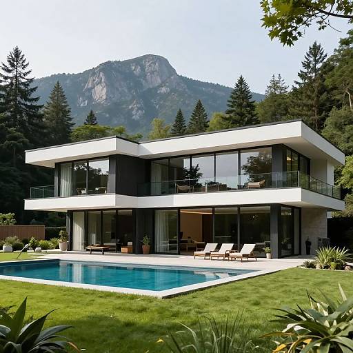 Photograph of modern, two-story white house with large glass windows, pool, and lush green lawn, set against a forested mountain backdrop.