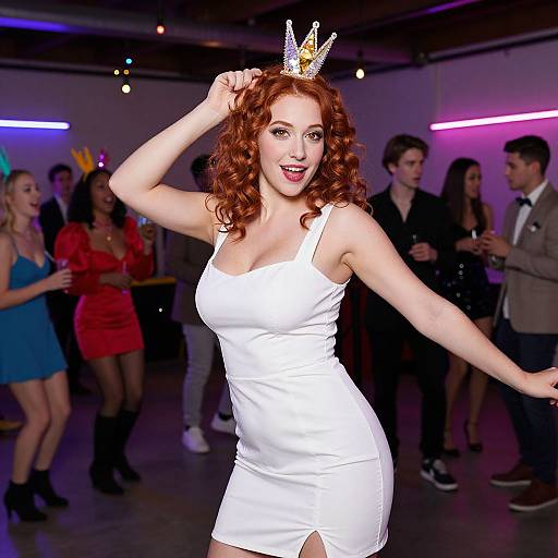 Photograph of a fair-skinned woman with curly red hair, wearing a white dress and a gold crown, dancing at a colorful, neon-lit