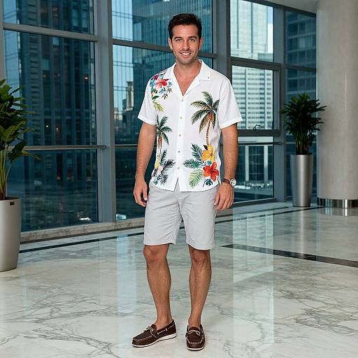 Photograph of a smiling man with short dark hair, wearing a white floral shirt, white shorts, and brown loafers, standing in a modern,