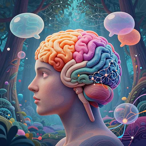 Digital artwork of a surreal, pastel-colored humanoid with a multicolored brain, floating bubbles, and a mystical forest background.