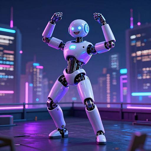 CGI image of a white, glowing, futuristic robot with blue accents, flexing its arms in a neon-lit cityscape at night.