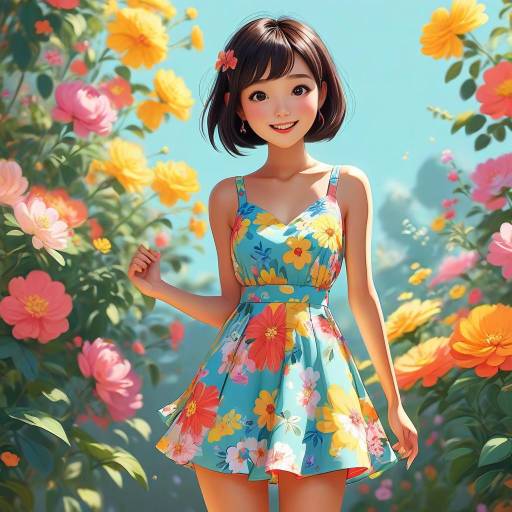 Cheerful Cartoon Asian Girl in Sundress