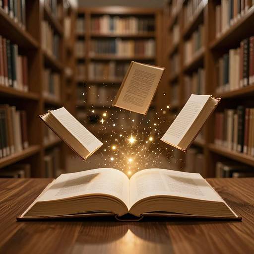 Photograph of an open book on a wooden table in a library, with three floating, glowing books surrounded by sparkles.