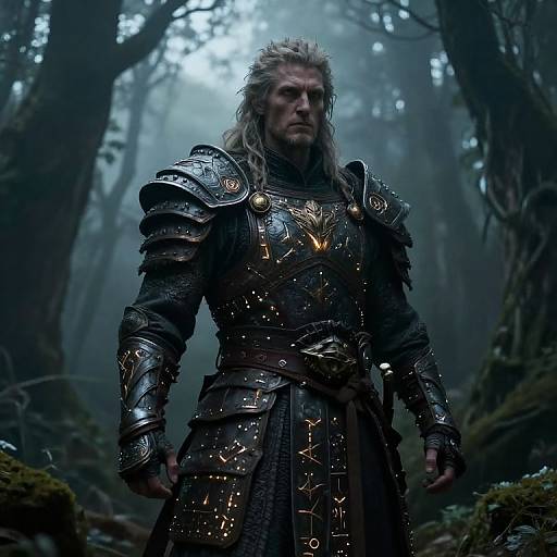 Photograph-style CGI of a stern, grey-bearded man in ornate, dark metal armor with glowing runes, standing in a misty, forest