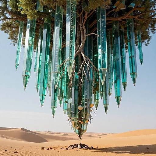 Digital art of a surreal tree with glass skyscraper-like appendages hanging from its branches, standing in a desert with sandy dunes.