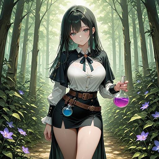 Forest Beauty: Girl with Flask and Flowers