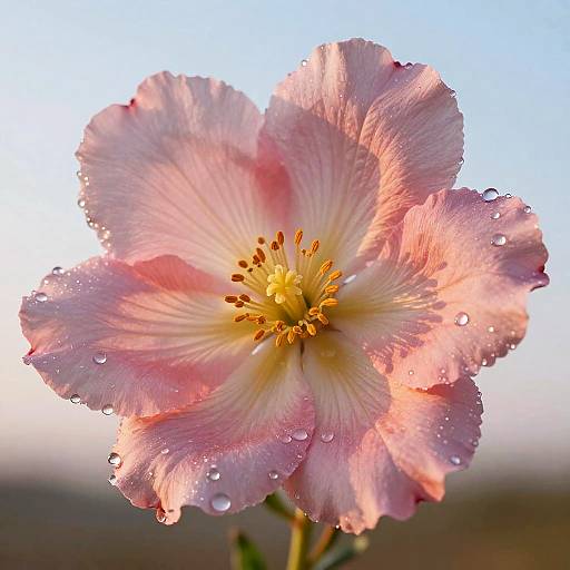 Photograph of a delicate pink hibiscus flower with dewdrops on its petals, glowing in soft sunlight against a clear blue sky.