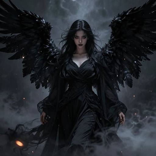 Digital painting of a dark-haired woman with large, black feathered wings, wearing a black dress, standing in a cloudy, ominous sky. Her intense