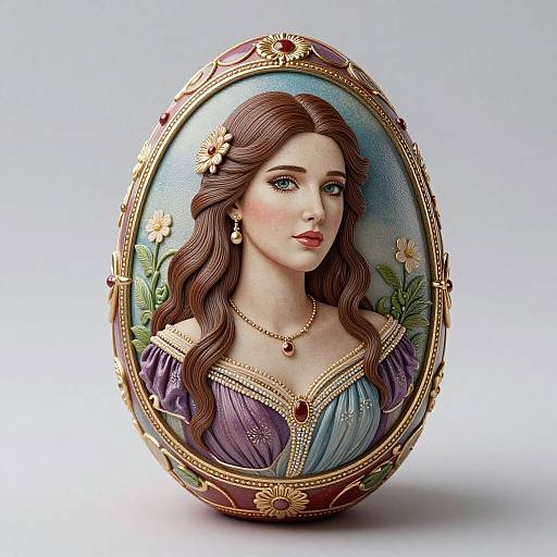 Photorealistic digital painting of a fair-skinned woman with long brown hair, wearing a purple gown and gold jewelry, framed in an ornate oval