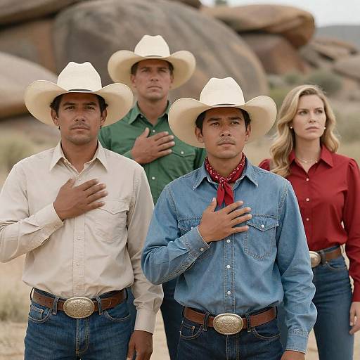 Photograph of four Western-style dressed individuals wearing cowboy hats and denim; three men in front, one blonde woman in red shirt, standing outdoors with large