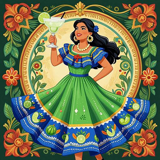 Vibrant digital illustration of a smiling Latina woman in a green, blue, and white embroidered dress, holding a martini, surrounded by colorful flowers