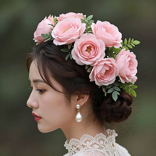 Photograph of an Asian woman with fair skin, dark hair in an updo, wearing a pink rose flower crown, white lace collar, and pearl