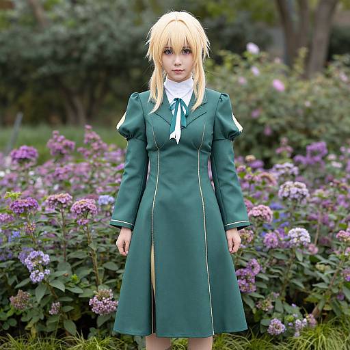 Blonde anime girl in green military-style dress with white collar, standing in a lush garden with purple and pink flowers. Photorealistic CGI.