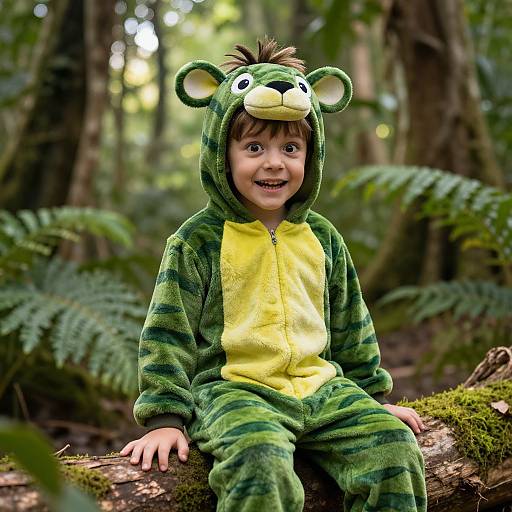 Photograph of a smiling young boy in a green and yellow bear costume with bear ears, sitting on a moss-covered log in a sunlit forest.