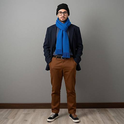 Photograph of a bearded man in black beanie, glasses, blue scarf, black blazer, brown pants, black sneakers, standing against gray