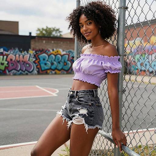 Photograph of a smiling Black woman with curly hair, wearing a lilac off-shoulder crop top and distressed denim shorts, leaning against a chain