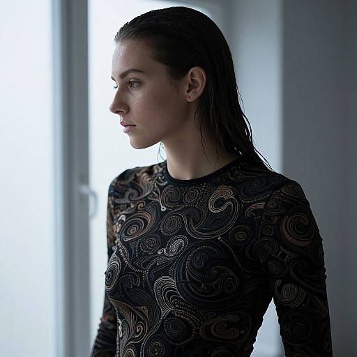 Photograph of a young woman with wet, slicked-back hair, wearing a black, intricately patterned, long-sleeve top, standing
