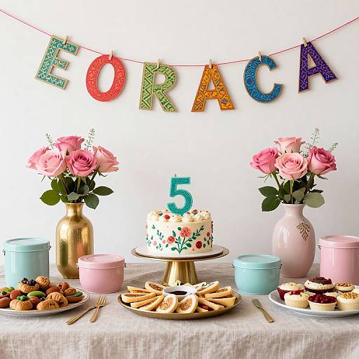 Photograph of a colorful birthday table with a 