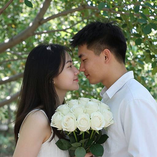 Photograph of an Asian couple in a sunlit, leafy garden, facing each other, nose-to-nose, with the woman holding a bouquet