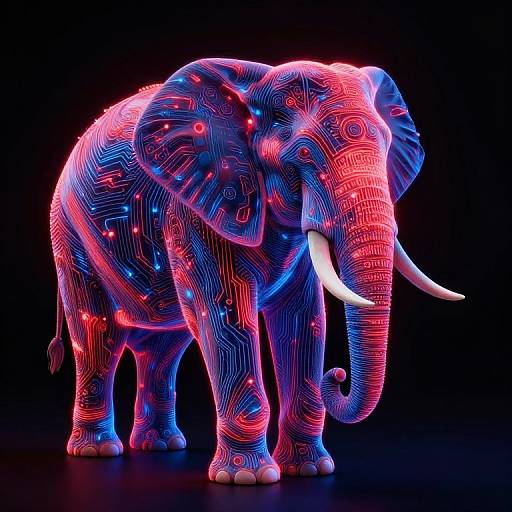 Neon-lit, digital illustration of an elephant with vibrant pink and blue circuit-like patterns against a black background. The elephant's white tusks stand