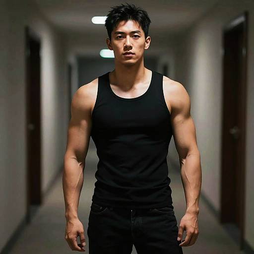 Muscular Man in Black Tank Top in Dim Corridor