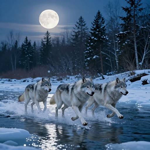 Three wolves with grey and white fur run through a snow-covered stream under a full moon, surrounded by dark pine trees in a winter forest. Photograph.