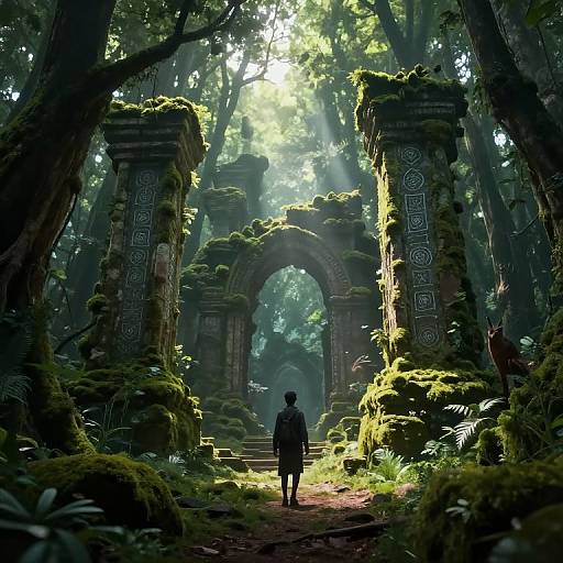Photograph-style digital art: lone figure in dark clothing stands before moss-covered, ancient stone archway in sunlit, dense forest. Light beams filter
