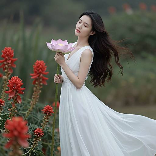 Elegant Woman with Lotus Among Flowers