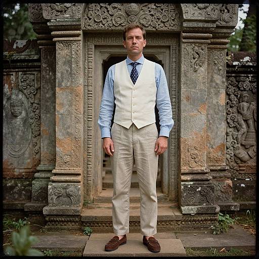 Photograph of a tall, fair-skinned man with short brown hair, wearing a light blue shirt, white vest, beige pants, and brown shoes