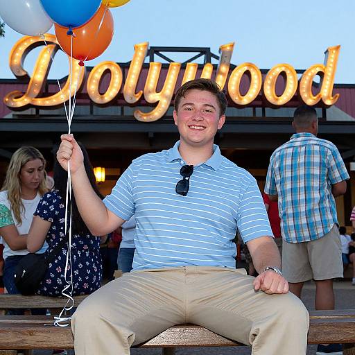 Photograph of a smiling young man in a blue striped polo and khaki pants, holding balloons, seated outside a brightly lit 