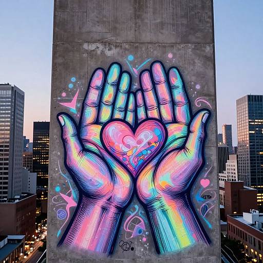 Vibrant, neon-colored graffiti of two hands cradling a glowing pink heart on a concrete building, urban cityscape background at dusk.