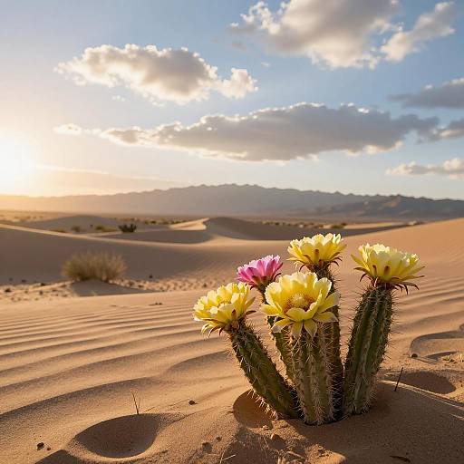 Desert Sunset with Blooming Cacti