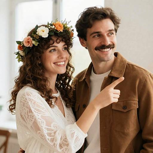Smiling Couple Photograph with Floral Crown